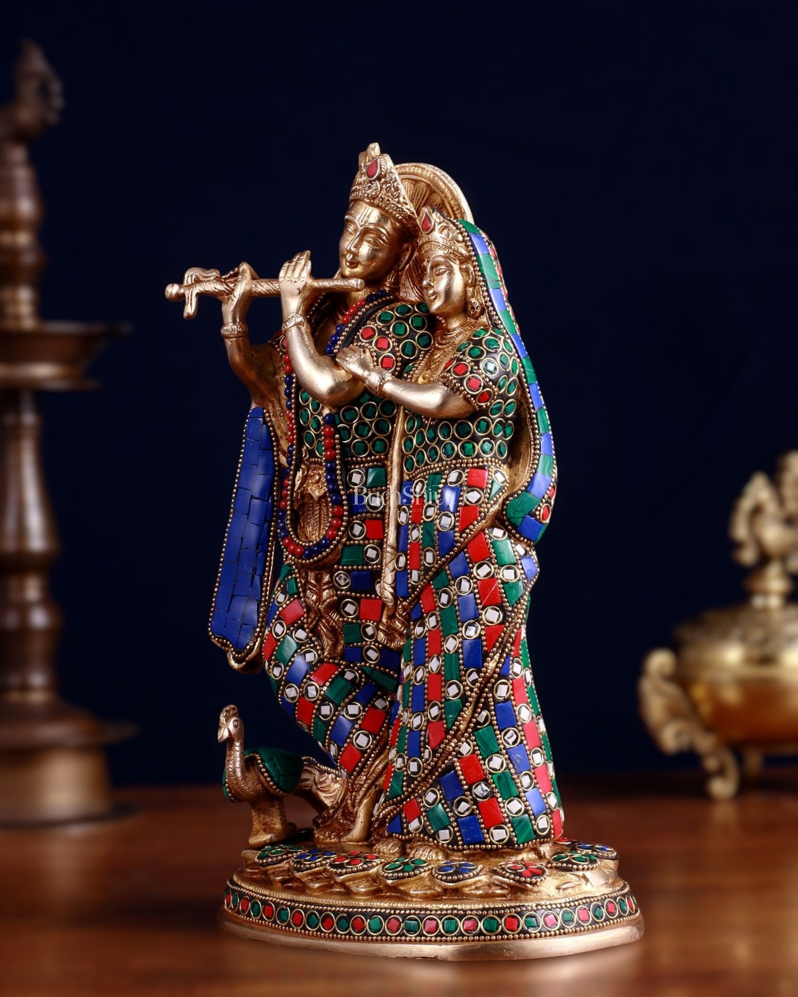 Brass Radha Krishna together Idol 12 stonework - Budhshiv.com