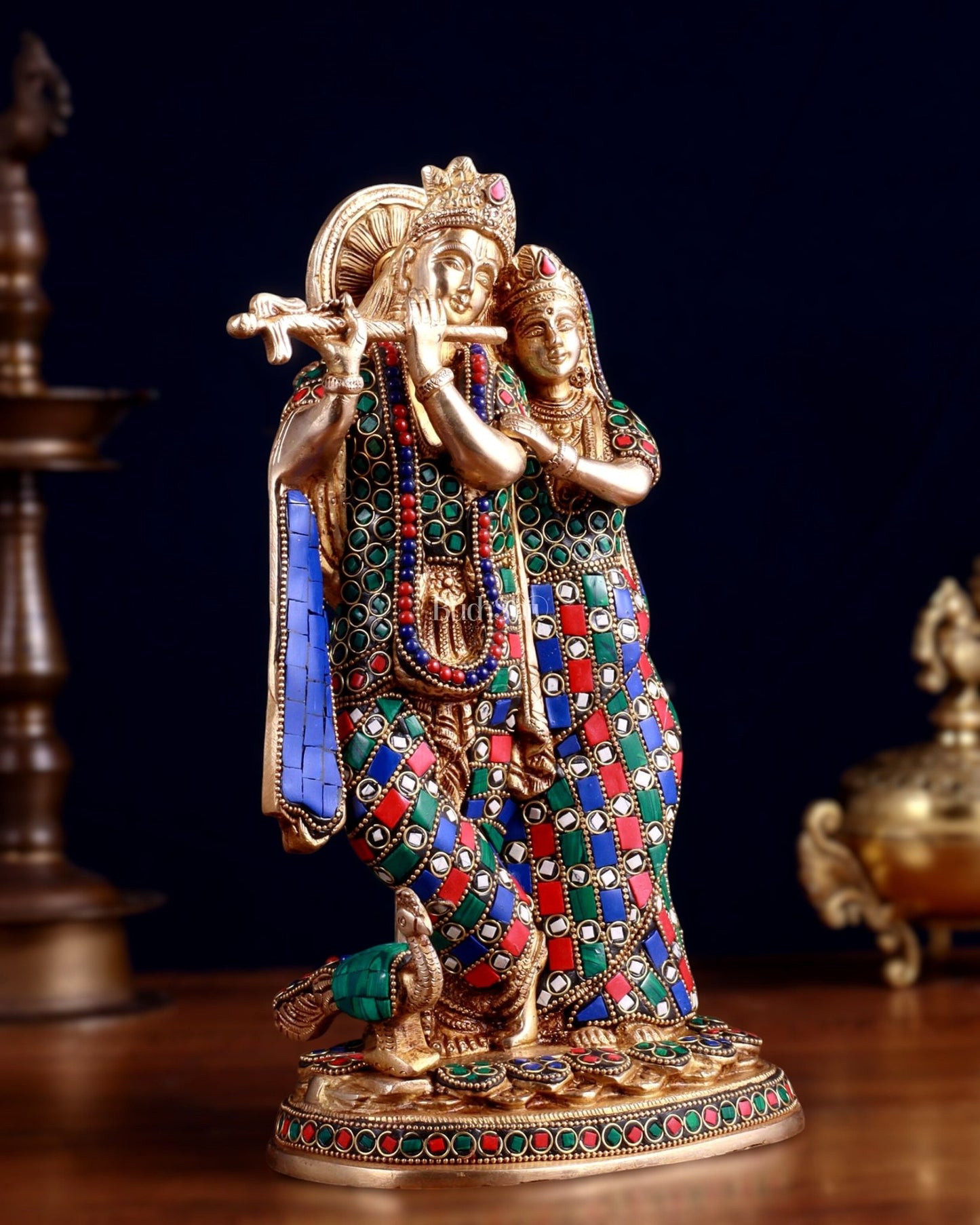 Brass Radha Krishna together Idol 12 stonework - Budhshiv.com