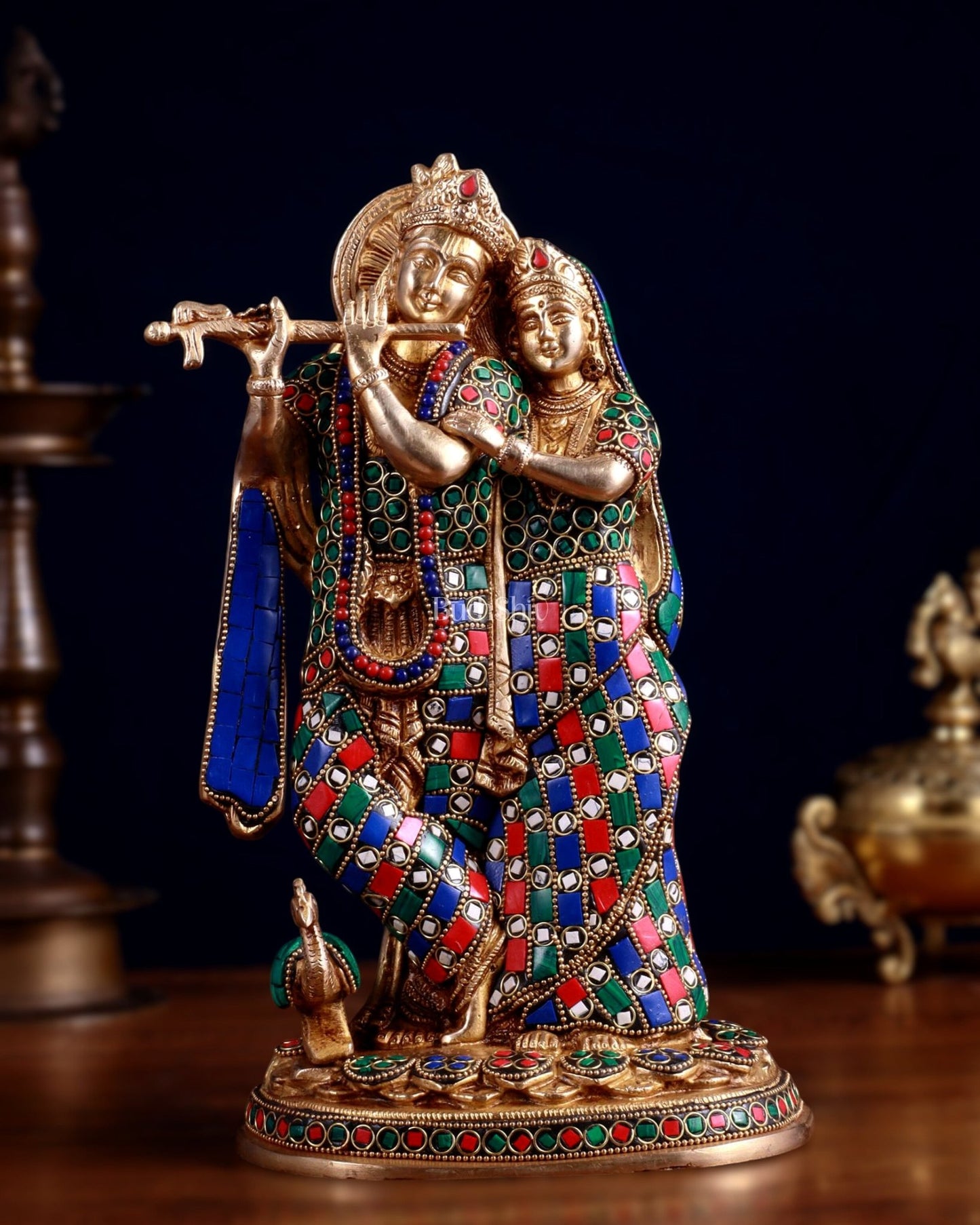 Brass Radha Krishna together Idol 12 stonework - Budhshiv.com