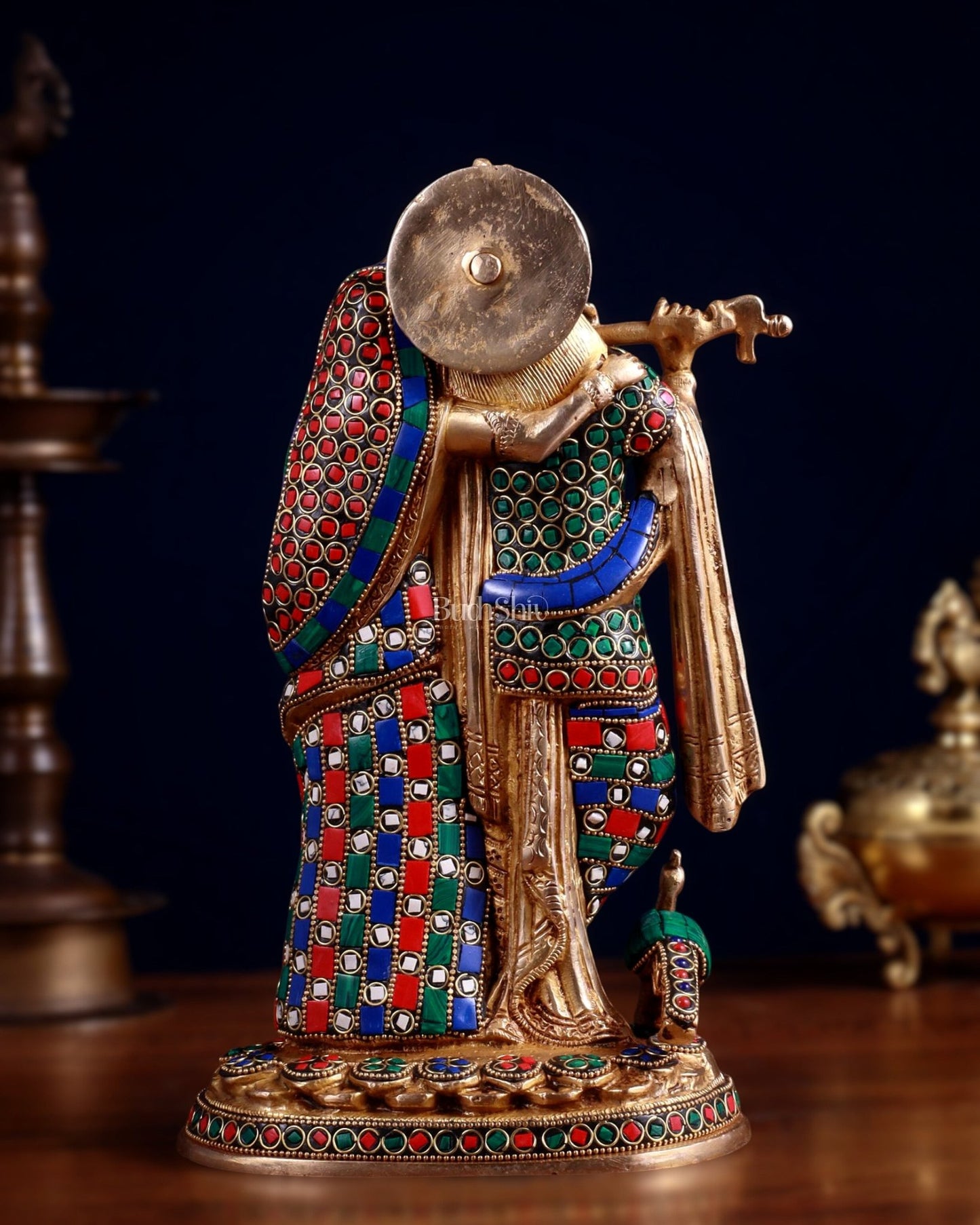 Brass Radha Krishna together Idol 12 stonework - Budhshiv.com