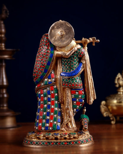 Brass Radha Krishna together Idol 12 stonework - Budhshiv.com