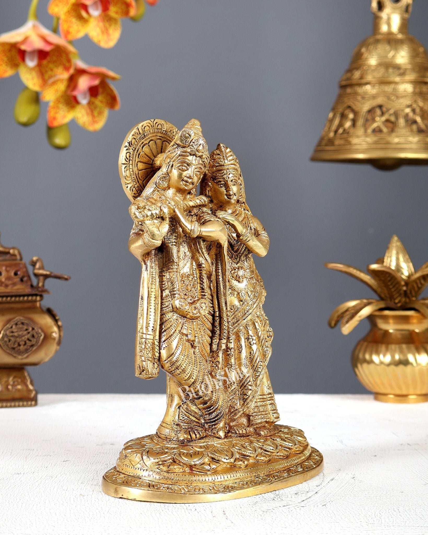 Brass Radha Krishna Together on Same Base Idol – Divine Love Statue 7.2 Inch - Budhshiv.com