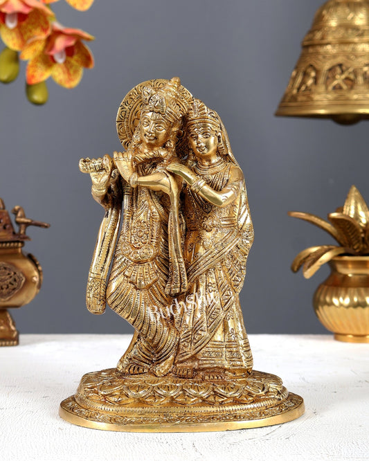 Brass Radha Krishna Together on Same Base Idol – Divine Love Statue 7.2 Inch - Budhshiv.com