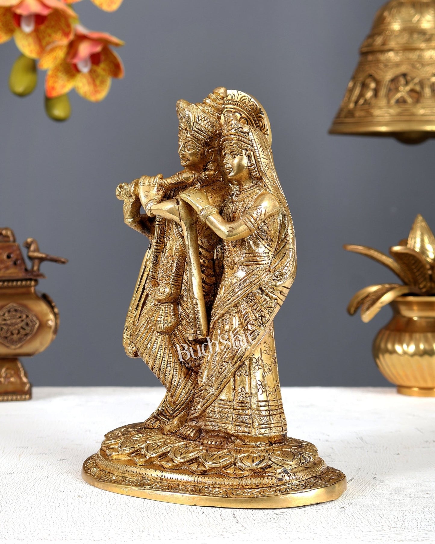 Brass Radha Krishna Together on Same Base Idol – Divine Love Statue 7.2 Inch - Budhshiv.com