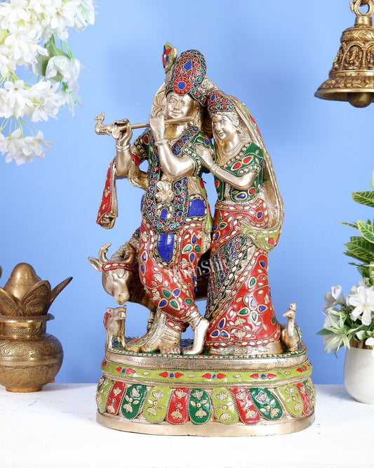 Brass Radha Krishna with Cow and calf 18 inch meenakari - Budhshiv.com
