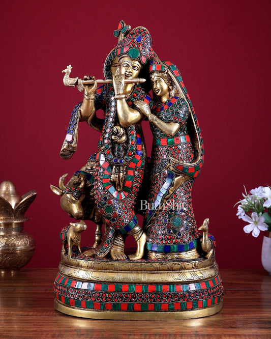 Brass Radha Krishna with Cow and calf 18 inch - Budhshiv.com