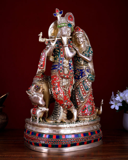 Brass Radha Krishna with Cow and calf 18 inch - Budhshiv.com