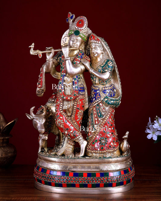 Brass Radha Krishna with Cow and calf 18 inch - Budhshiv.com