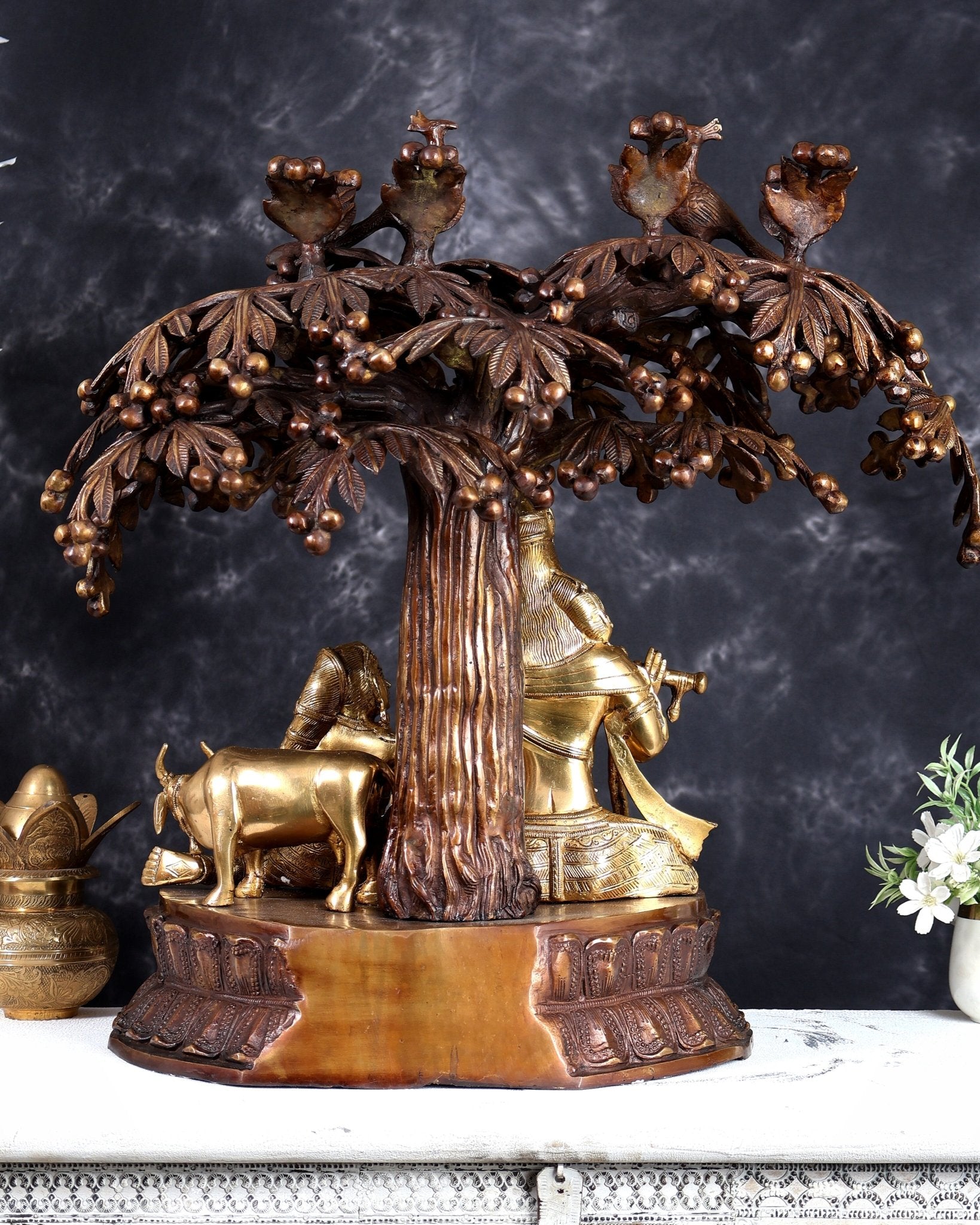Brass Radha Krishna with Cow and Tree - 24 inch - Budhshiv.com