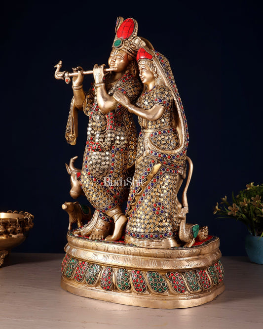 Brass Radha Krishna with Cow, Calf, and Peacock Idol 18 inch - Budhshiv.com
