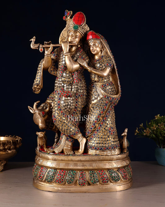 Brass Radha Krishna with Cow, Calf, and Peacock Idol 18 inch - Budhshiv.com