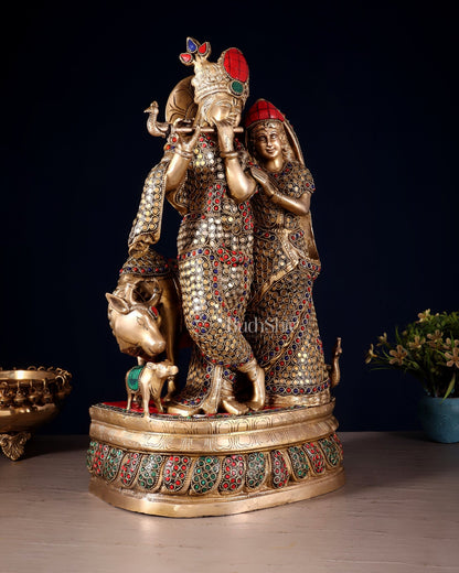 Brass Radha Krishna with Cow, Calf, and Peacock Idol 18 inch - Budhshiv.com