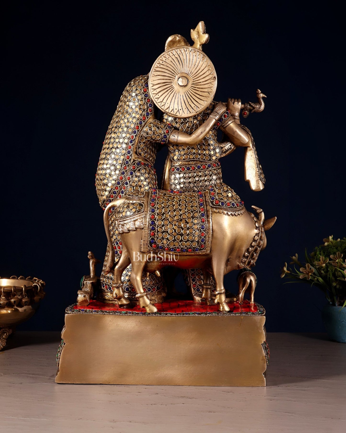 Brass Radha Krishna with Cow, Calf, and Peacock Idol 18 inch - Budhshiv.com