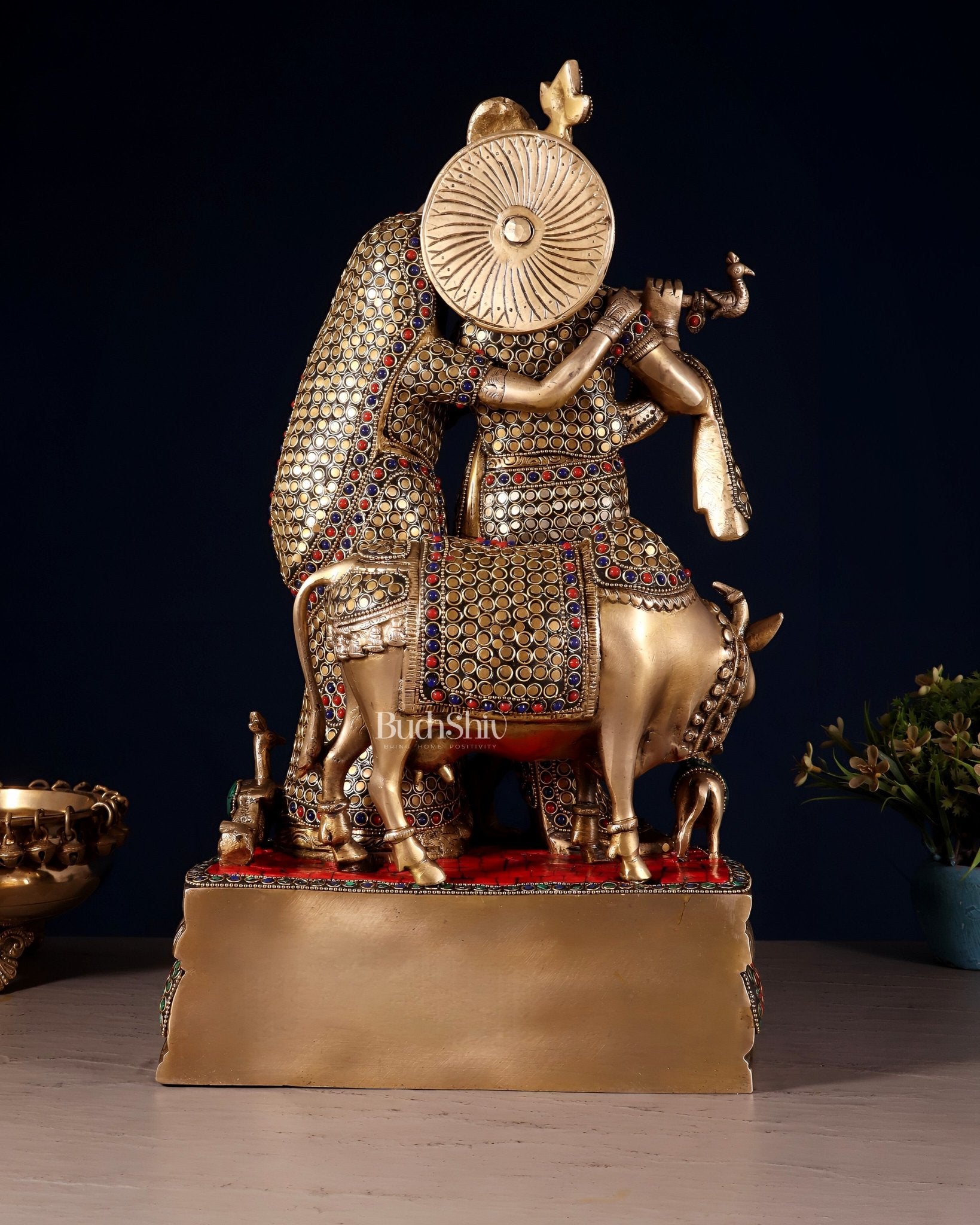 Brass Radha Krishna with Cow, Calf, and Peacock Idol 18 inch - Budhshiv.com