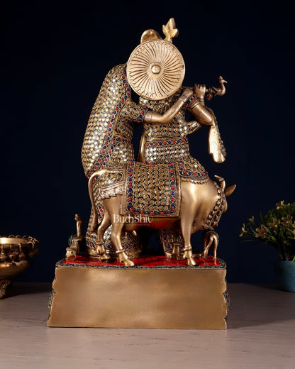 Brass Radha Krishna with Cow, Calf, and Peacock Idol 18 inch - Budhshiv.com
