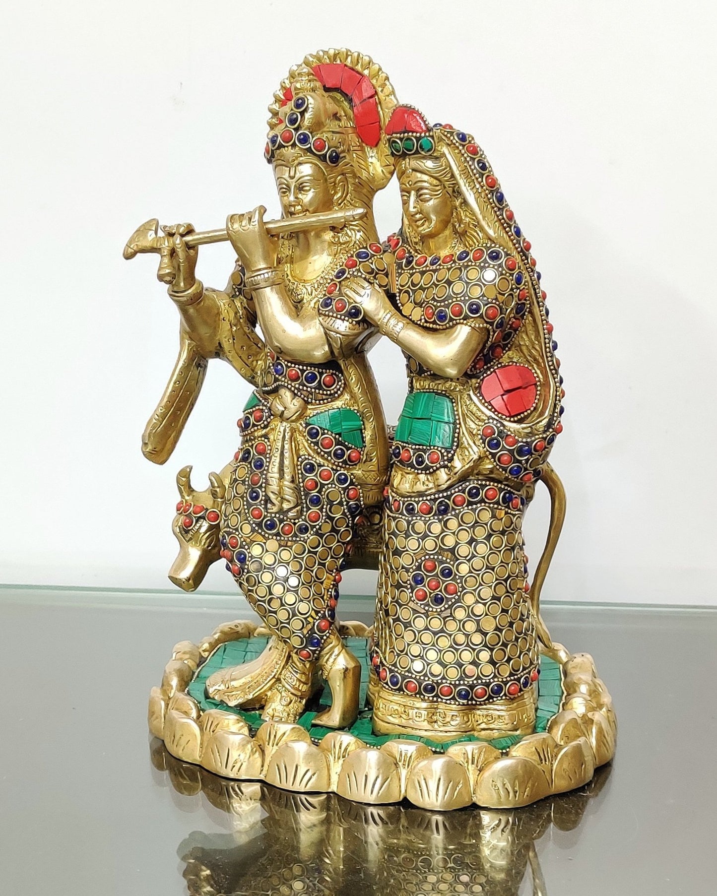 Brass Radha Krishna with cow idol 10 inch - Budhshiv.com