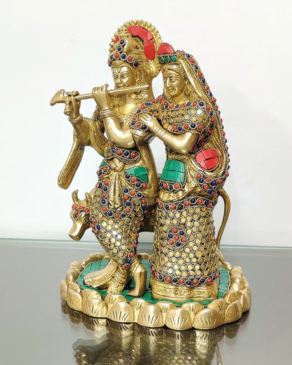 Brass Radha Krishna with cow idol 10 inch - Budhshiv.com