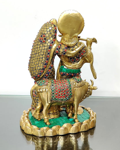 Brass Radha Krishna with cow idol 10 inch - Budhshiv.com