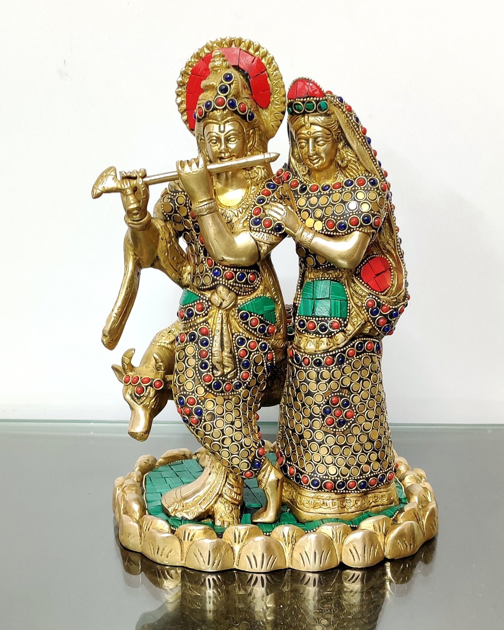 Brass Radha Krishna with cow idol 10 inch - Budhshiv.com