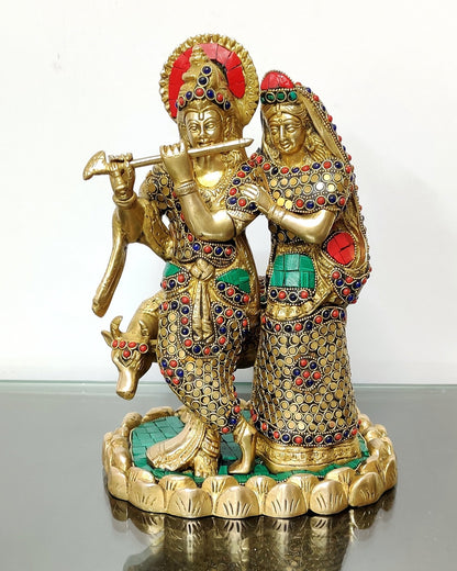 Brass Radha Krishna with cow idol 10 inch - Budhshiv.com