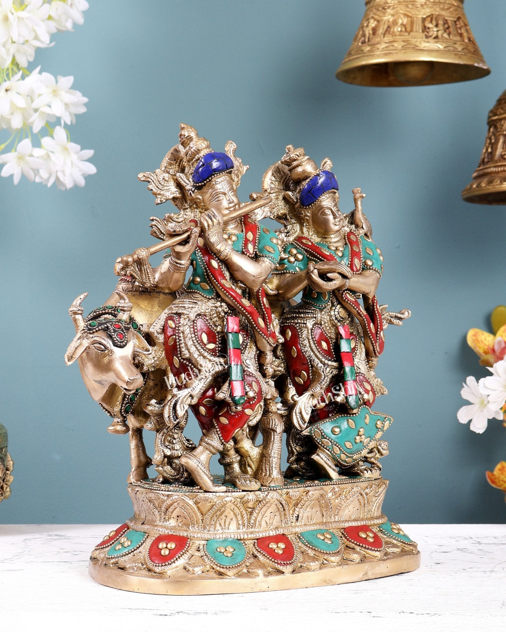 Brass Radha Krishna with Cow Idol 12 inch with meenakari - Budhshiv.com