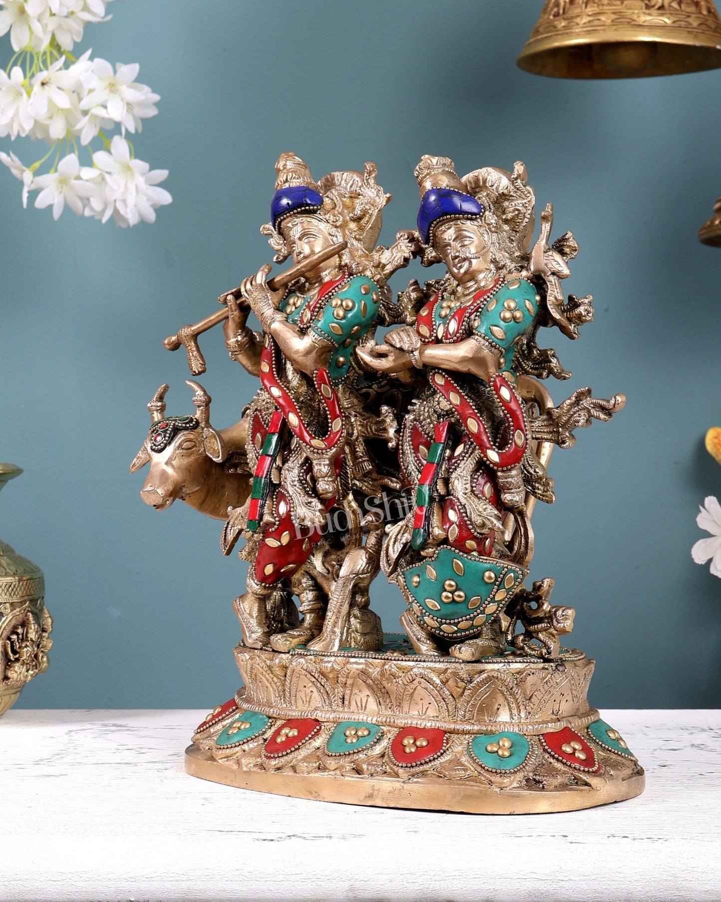 Brass Radha Krishna with Cow Idol 12 inch with meenakari - Budhshiv.com