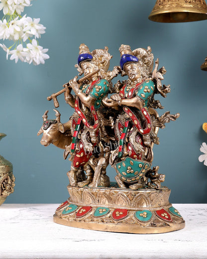 Brass Radha Krishna with Cow Idol 12 inch with meenakari - Budhshiv.com