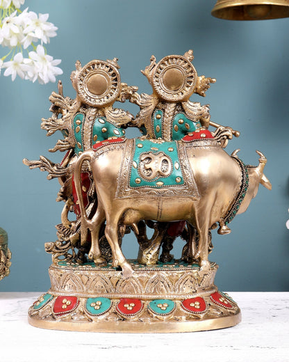 Brass Radha Krishna with Cow Idol 12 inch with meenakari - Budhshiv.com