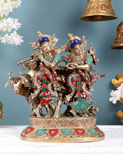 Brass Radha Krishna with Cow Idol 12 inch with meenakari - Budhshiv.com