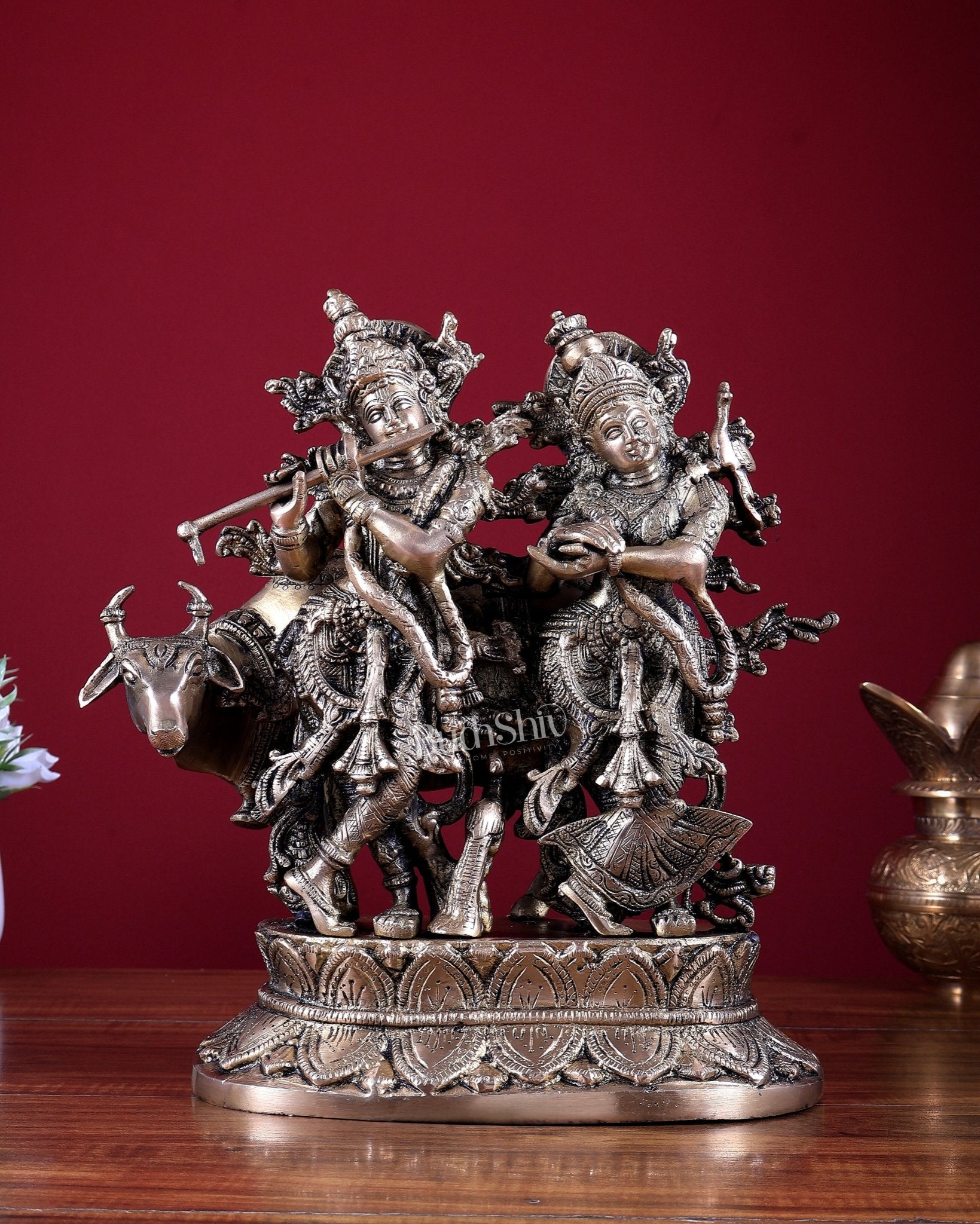 Brass Radha Krishna with Cow Idol 12 inch - Budhshiv.com