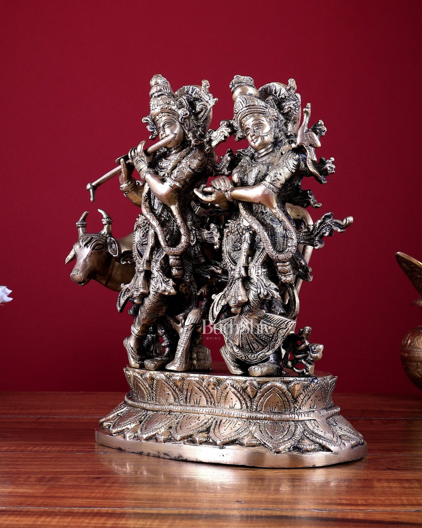 Brass Radha Krishna with Cow Idol 12 inch - Budhshiv.com
