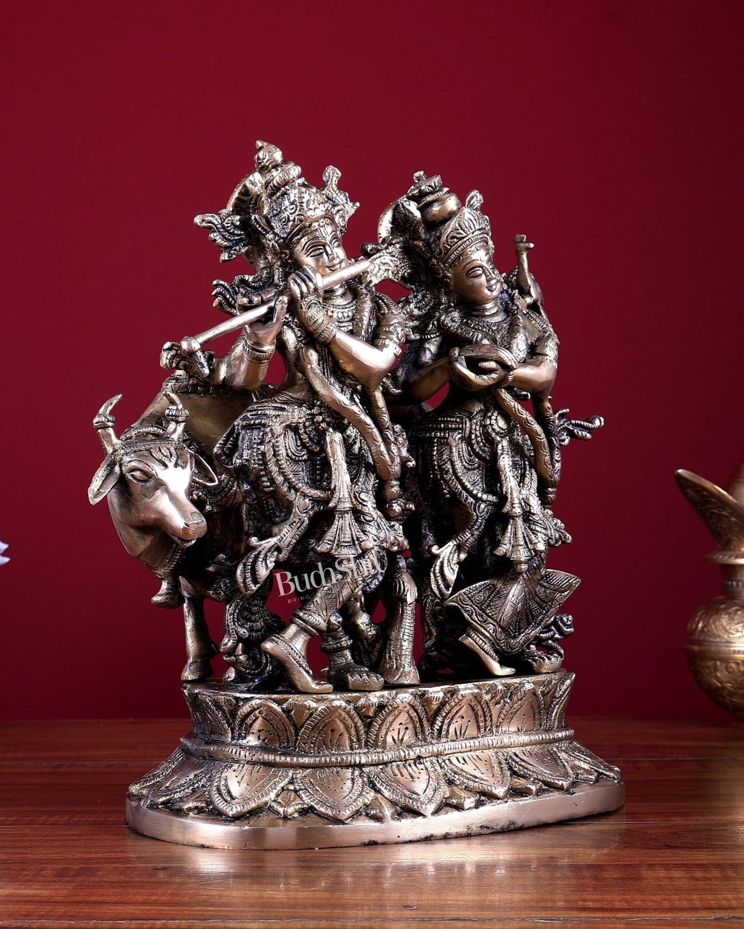 Brass Radha Krishna with Cow Idol 12 inch - Budhshiv.com