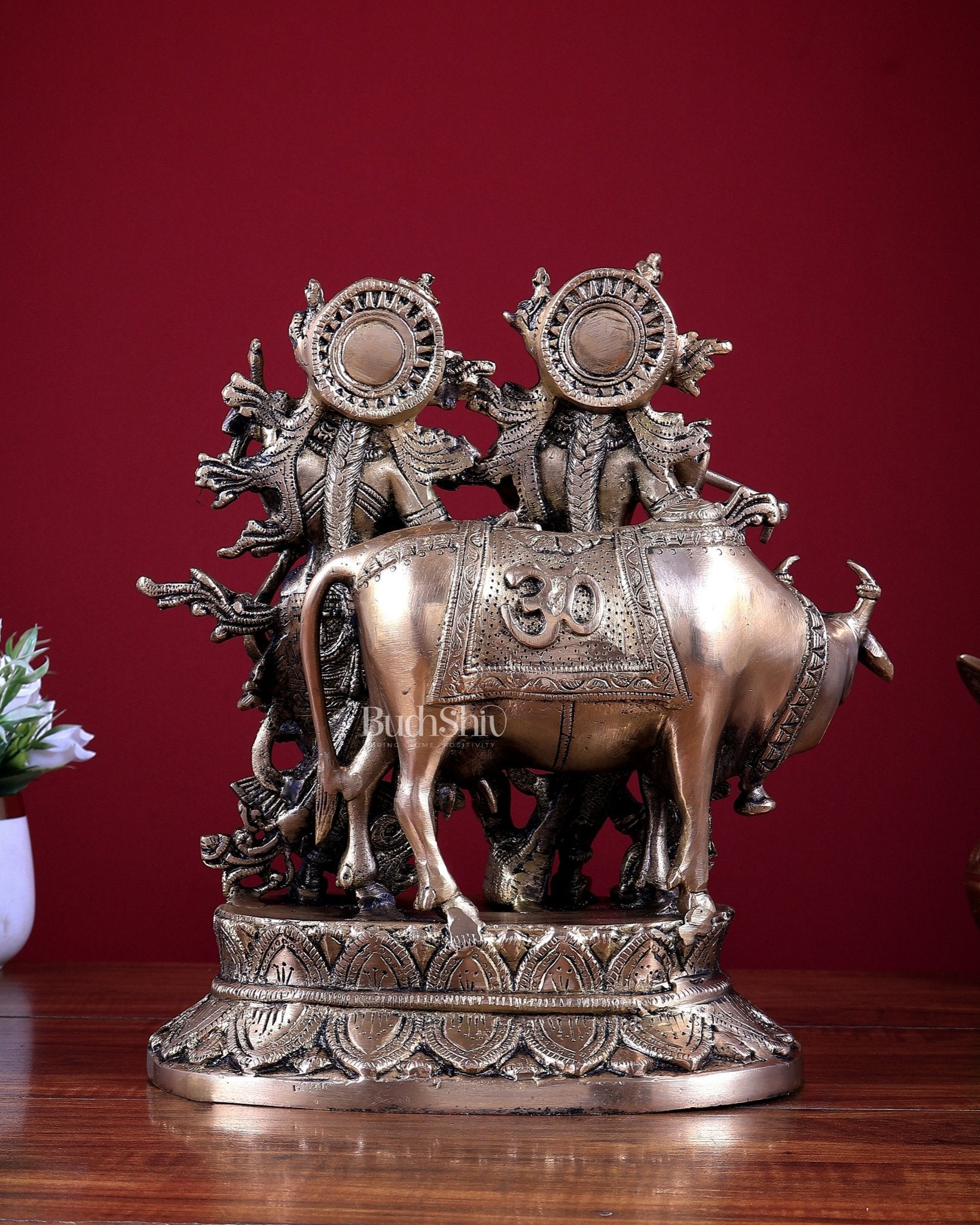 Brass Radha Krishna with Cow Idol 12 inch - Budhshiv.com