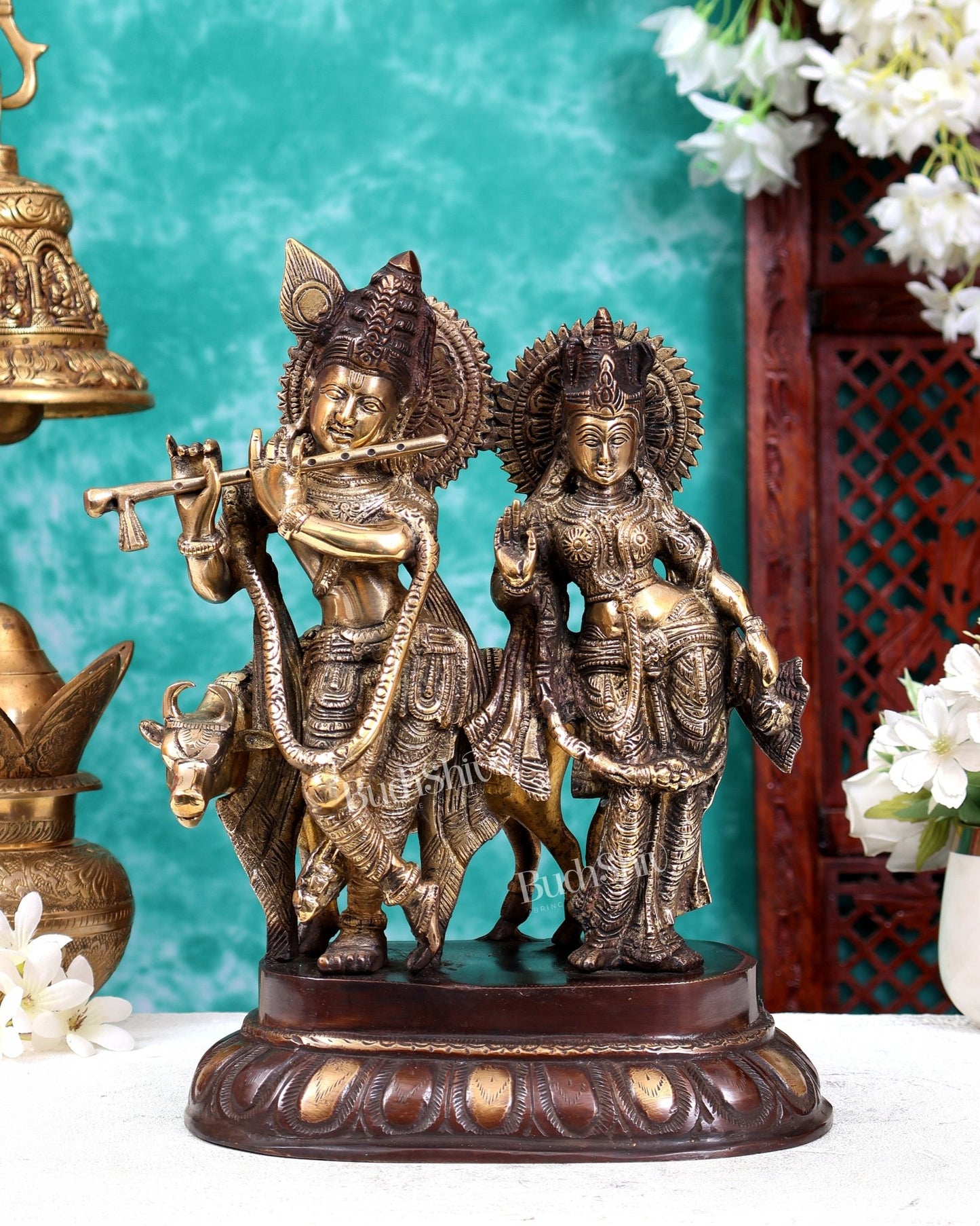 Brass Radha Krishna with Cow Idol – Dual Tone Finish 12.5 inch - Budhshiv.com