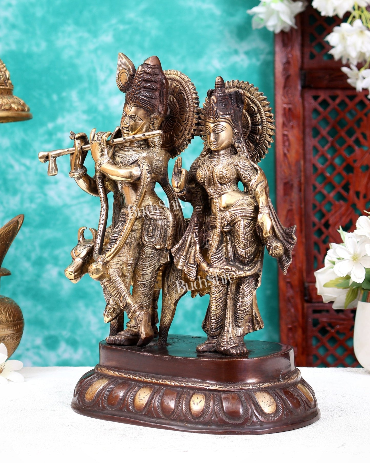 Brass Radha Krishna with Cow Idol – Dual Tone Finish 12.5 inch - Budhshiv.com