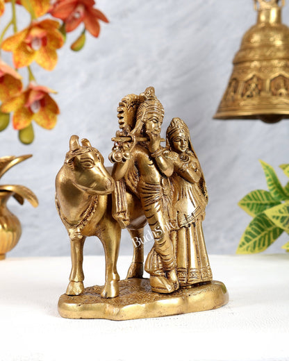 Brass Radha Krishna with Cow Idol Murti | Height 5.5 inch - Budhshiv.com