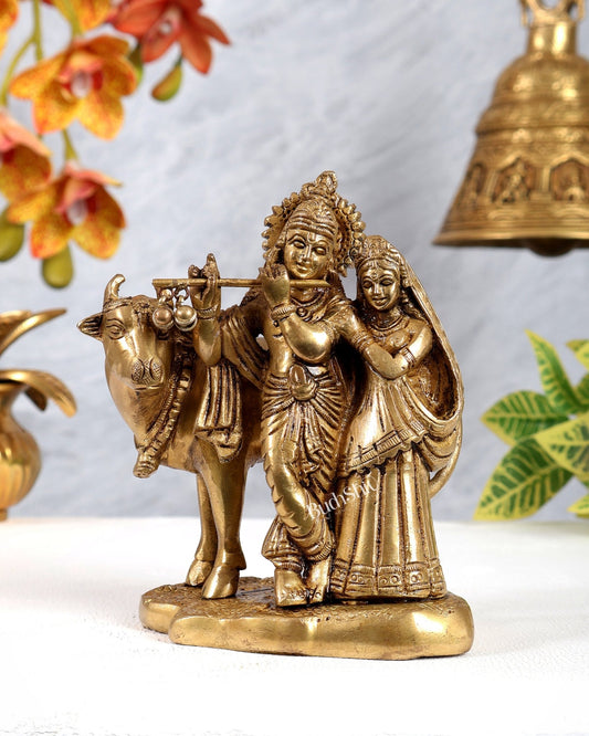 Brass Radha Krishna with Cow Idol Murti | Height 5.5 inch - Budhshiv.com