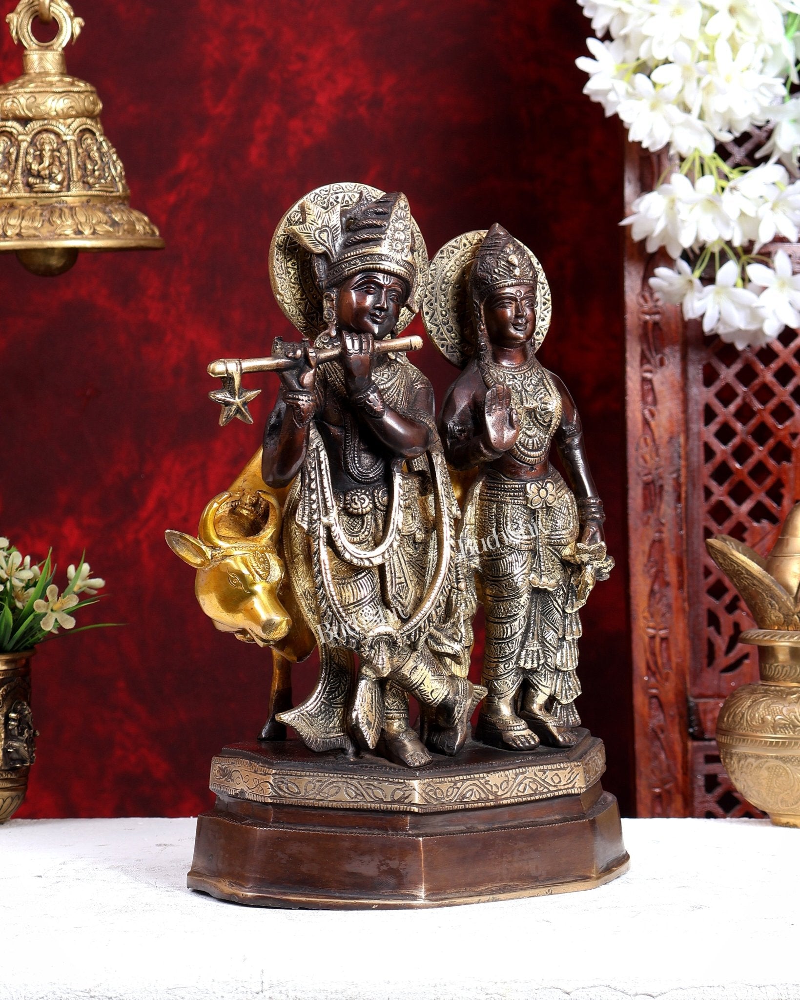 Brass Radha Krishna with Cow Idol – Three Tone Antique Finish 13 inch - Budhshiv.com