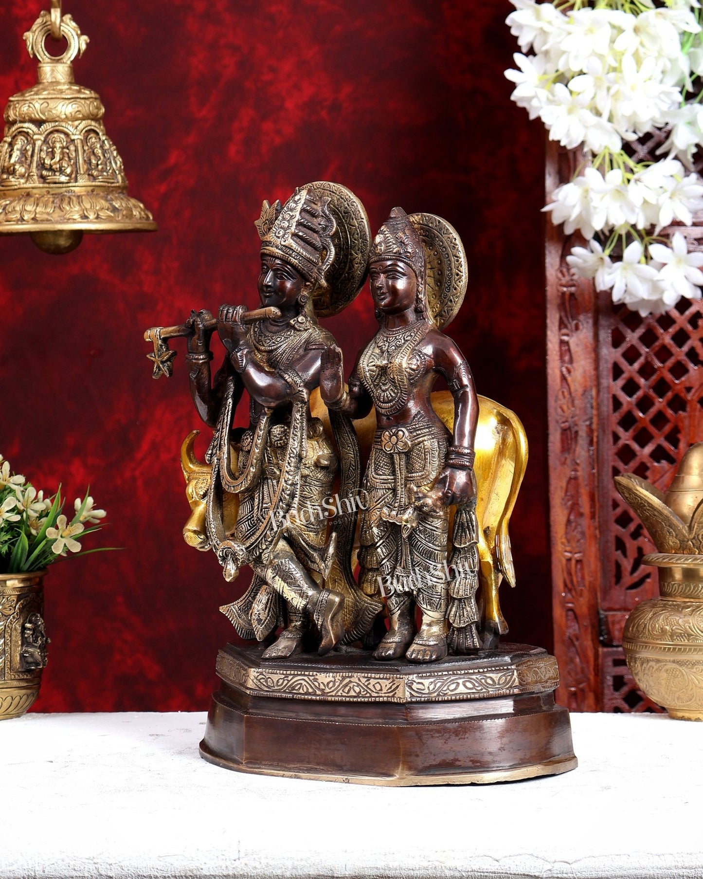 Brass Radha Krishna with Cow Idol – Three Tone Antique Finish 13 inch - Budhshiv.com