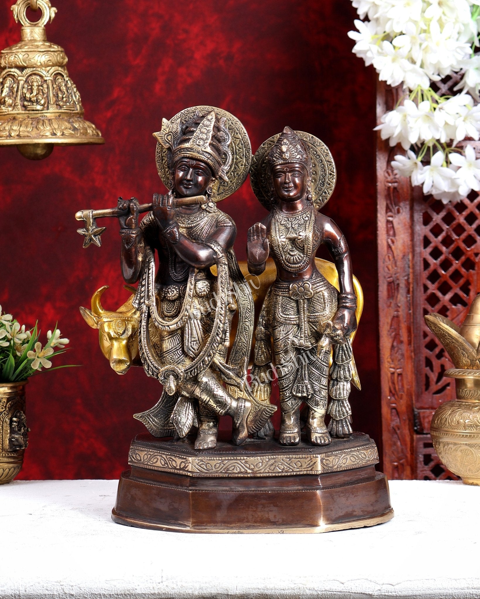 Brass Radha Krishna with Cow Idol – Three Tone Antique Finish 13 inch - Budhshiv.com