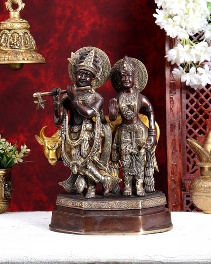 Brass Radha Krishna with Cow Idol – Three Tone Antique Finish 13 inch - Budhshiv.com
