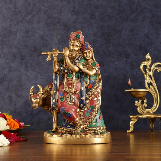 Brass Radha krishna with cow idol with meenakari 10.5" - Budhshiv.com