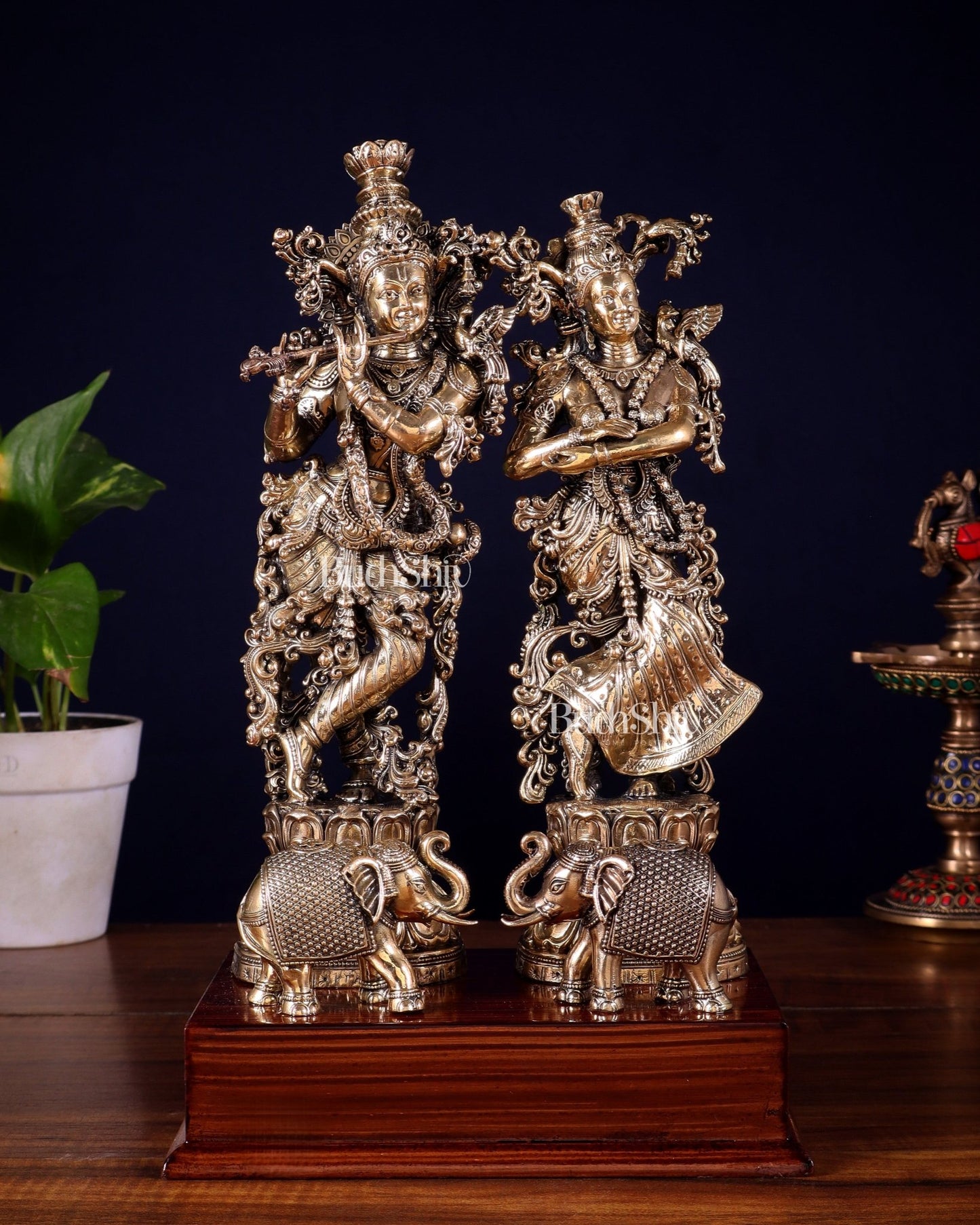 Brass Radha Krishna with Elephants on Wooden Base – Superfine Finish 11.5 inch - Budhshiv.com