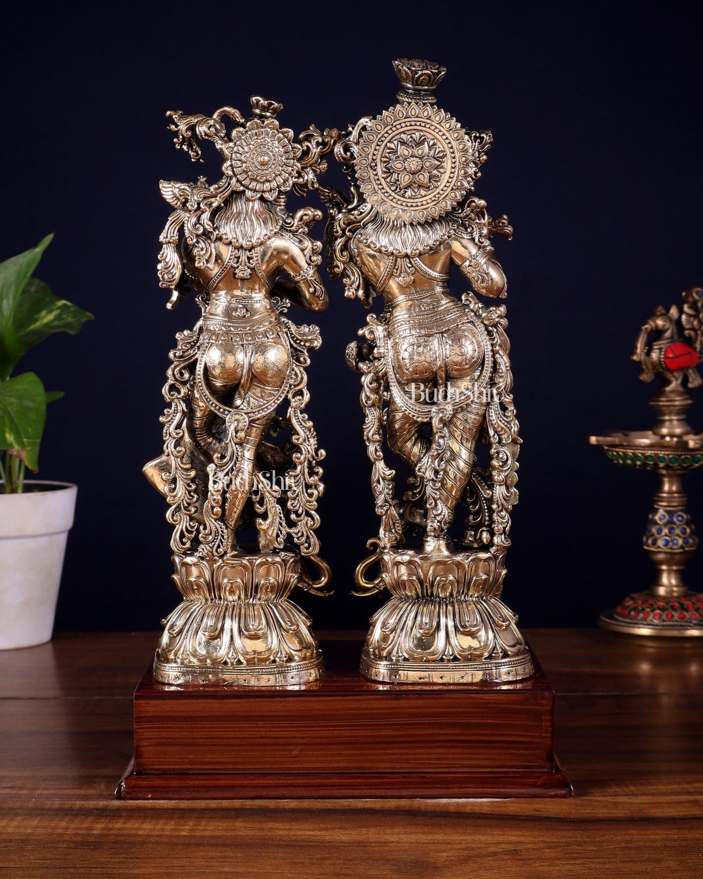 Brass Radha Krishna with Elephants on Wooden Base – Superfine Finish 11.5 inch - Budhshiv.com