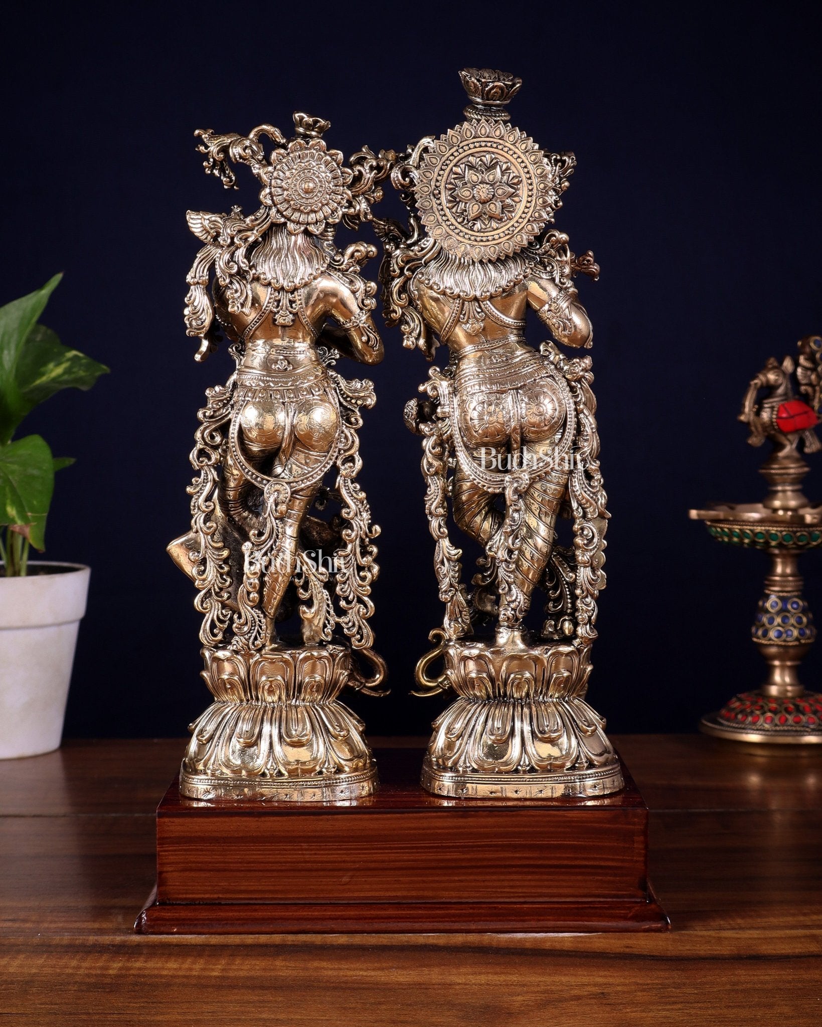 Brass Radha Krishna with Elephants on Wooden Base – Superfine Finish 11.5 inch - Budhshiv.com