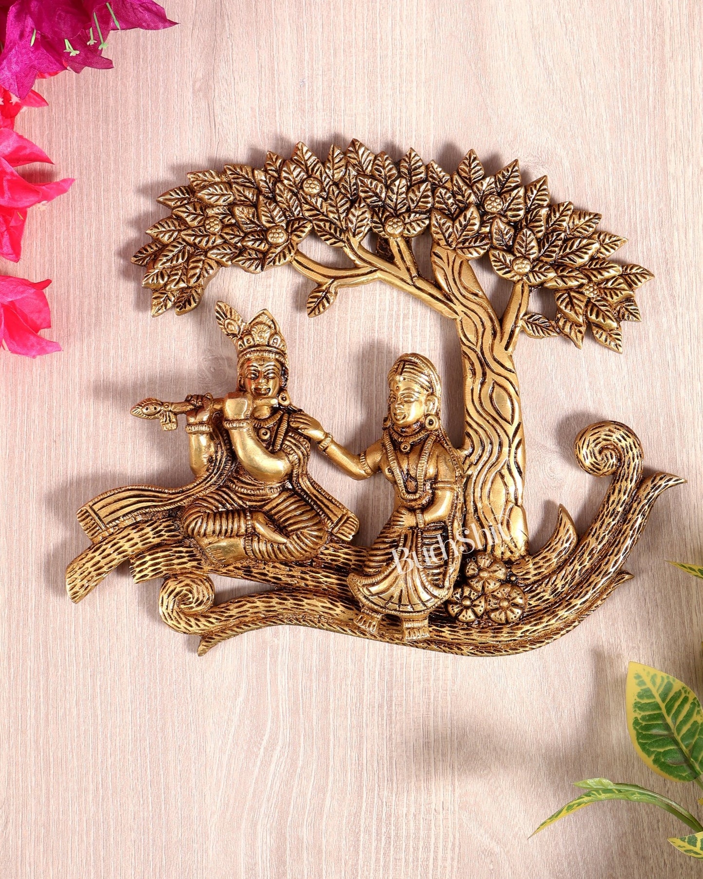 Brass Radha Krishna with Kalpavriksha Tree Wall Hanging | Pure Brass Vrindavan Wall Décor 10 inch wide - Budhshiv.com