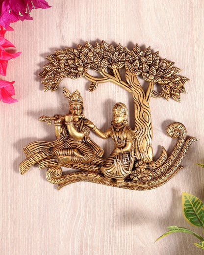 Brass Radha Krishna with Kalpavriksha Tree Wall Hanging | Pure Brass Vrindavan Wall Décor 10 inch wide - Budhshiv.com