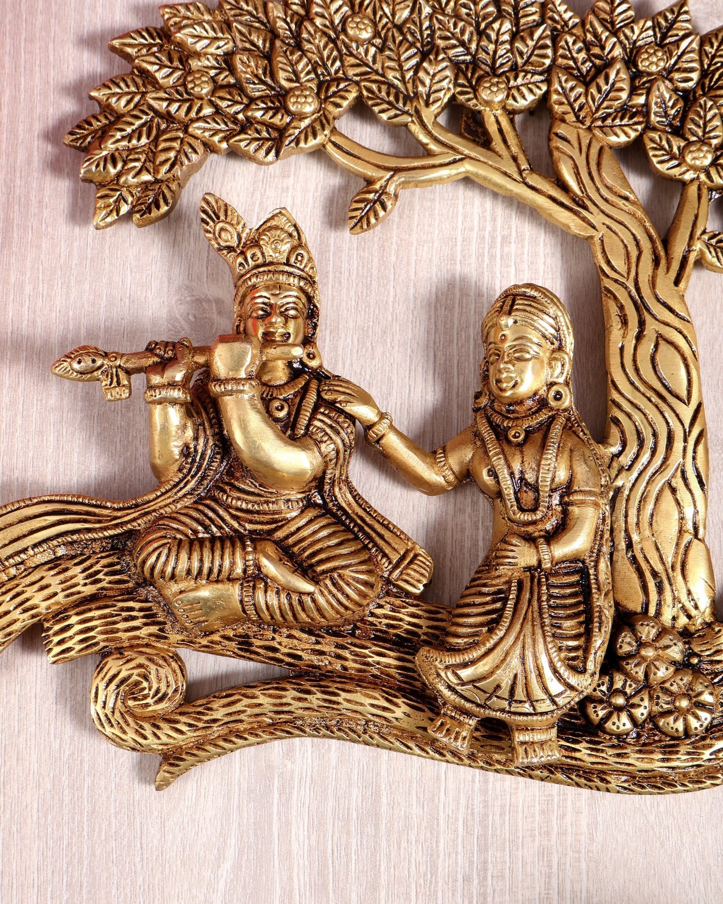 Brass Radha Krishna with Kalpavriksha Tree Wall Hanging | Pure Brass Vrindavan Wall Décor 10 inch wide - Budhshiv.com