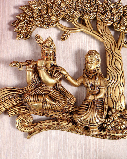 Brass Radha Krishna with Kalpavriksha Tree Wall Hanging | Pure Brass Vrindavan Wall Décor 10 inch wide - Budhshiv.com