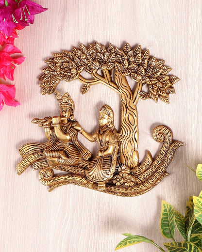 Brass Radha Krishna with Kalpavriksha Tree Wall Hanging | Pure Brass Vrindavan Wall Décor 10 inch wide - Budhshiv.com